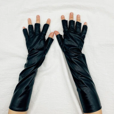 Women Ladies Fingerless Half Fingerless Faux Leather Evening Opera Long Gloves  - Image 1 of 4