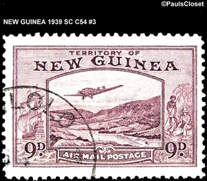 NEW GUINEA 1939 SC C54 PLANE OVER BULOLO GOLDFIELD 9p DULL VIOLET USED F/VF #3 - Picture 1 of 2