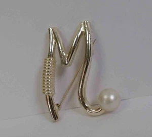 Vintage Gold Tone Initial "M" Faux Pearl Accent Brooch - Picture 1 of 3