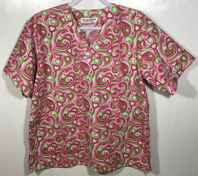 Scrub Top womens size S Small by natural uniforms Swirls Hearts pink green white - Image 1 of 4