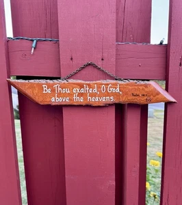 Vintage Hand Painted Real Tree Wood 17” Hanging Wall Plaque Psalms 108 Verse 5 - Picture 1 of 3