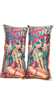 Pitty Me Adora Vintage Retro Pin Up Cushions X 2 Of Suede Fabric & Bead Fibre  - Image 1 of 2