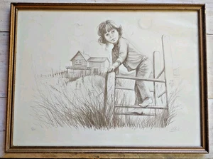 Vintage MARY VICKERS Kunst LITHOGRAPHIE Mädchen am Zaun signiert nummeriert - Bild 1 von 22