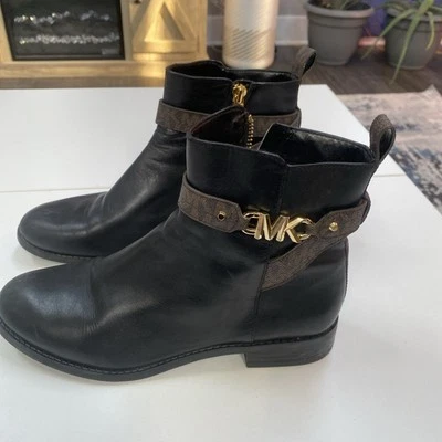 Michael Kors MK Logo Ankle Boots Black Brown Leather Zip Booties 6.5 US 36.5 EU - Image 1 of 4