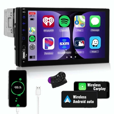 7" Single 1 Din Car Stereo Radio Touch Scree Apple/Android CarPlay Bluetooth FM - Image 1 of 4