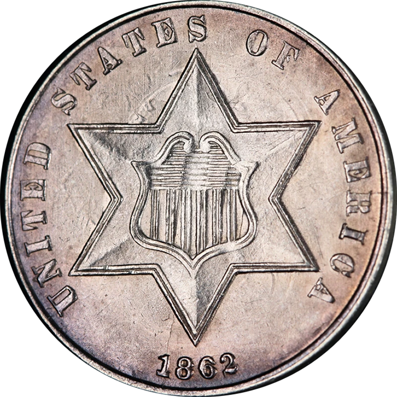 Tres (3) centavos de plata 1862 bonito sin circular bonito atractivo visual bonito golpe Foto 1 de 2