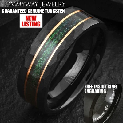 Anillo a rayas enchapado en oro rosa arena verde carburo de tungsteno grabado personalizado Foto 1 de 4