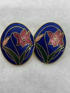 Vintage Cloisonne Earrings Colorful Lily Floral Pierced Posts Cobalt Blue Red - Picture 1 of 3