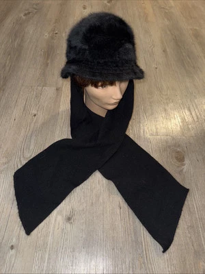 Vintage Kangol Furgora Bucket Hat Attached Scarf Black Angora Fur England Made - Image 1 of 4