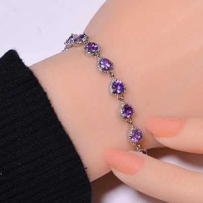 Pulsera Tenis Amatista Púrpura Plata de Ley 925 7.99", Regalo Navidad B69422 Foto 1 de 4