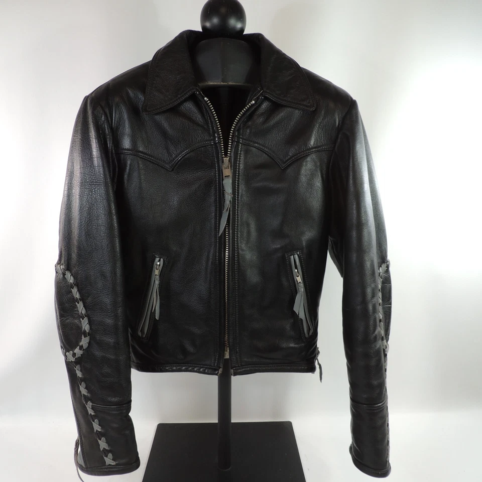 Leather Loft Motorcycle Jacket Women Small Black Grey Cross Stitching Side Laces - Image 1 of 4