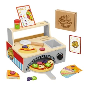 Wooden Pizza Toy Kids Pizza Counter Playset, Montessori Pretend Play Kitchen ... - Picture 1 of 8