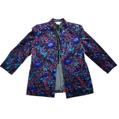 Blazer Chaqueta Abierta De Colección Tan Jay Long Line Para Mujer Talla 12 Negro Terciopelo Floral Foto 1 de 4