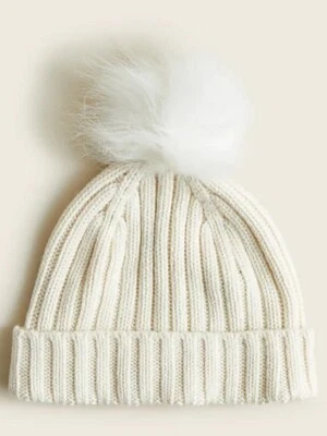 Gorro para mujer J Crew mezcla de lana marfil crema acanalado tejido piel sintética pompón Foto 1 de 4