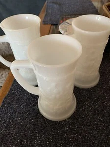 Vintage Fire King White Milk Glass Beer Stein Mug Tavern Scene Lot of 3 Steins - Picture 1 of 5