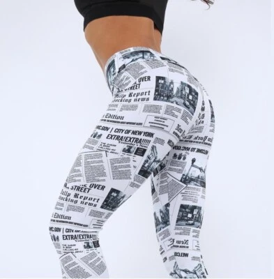 Women's White Newspaper Printed Stretch Leggings Yoga Sports Slim Pants Sexy Hot - Image 1 of 4