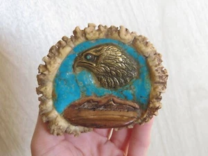 VTG Elk Horn Antler Brass Bald Eagle Turquoise Inlay & Eye Wood Art Belt Buckle - Picture 1 of 13