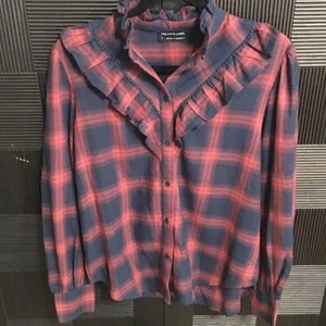 The Fifth Label Navy & Red Ruffled Button Front Plaid Shirt Women's Size Small - Picture 1 of 6