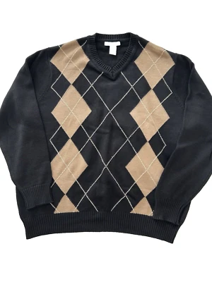 Suéter Geoffrey Beene Para Hombres Argyle XL De Colección Negro/Bronceado Diamantes Algodón Clásico Foto 1 de 4
