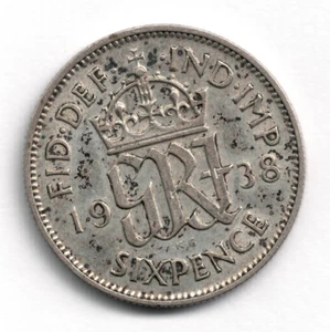 Moneda extra fina de plata de 6 peniques del Reino Unido 1938 | KM# 852 - Imagen 1 de 2