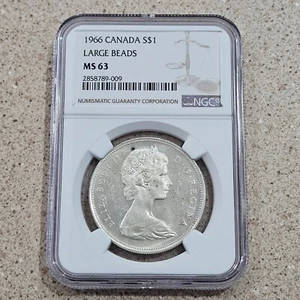 1966 Canada Silver $1 "Large Beads" Coin Canadian Queen Elizabeth II NGC MS 63 - Picture 1 of 9