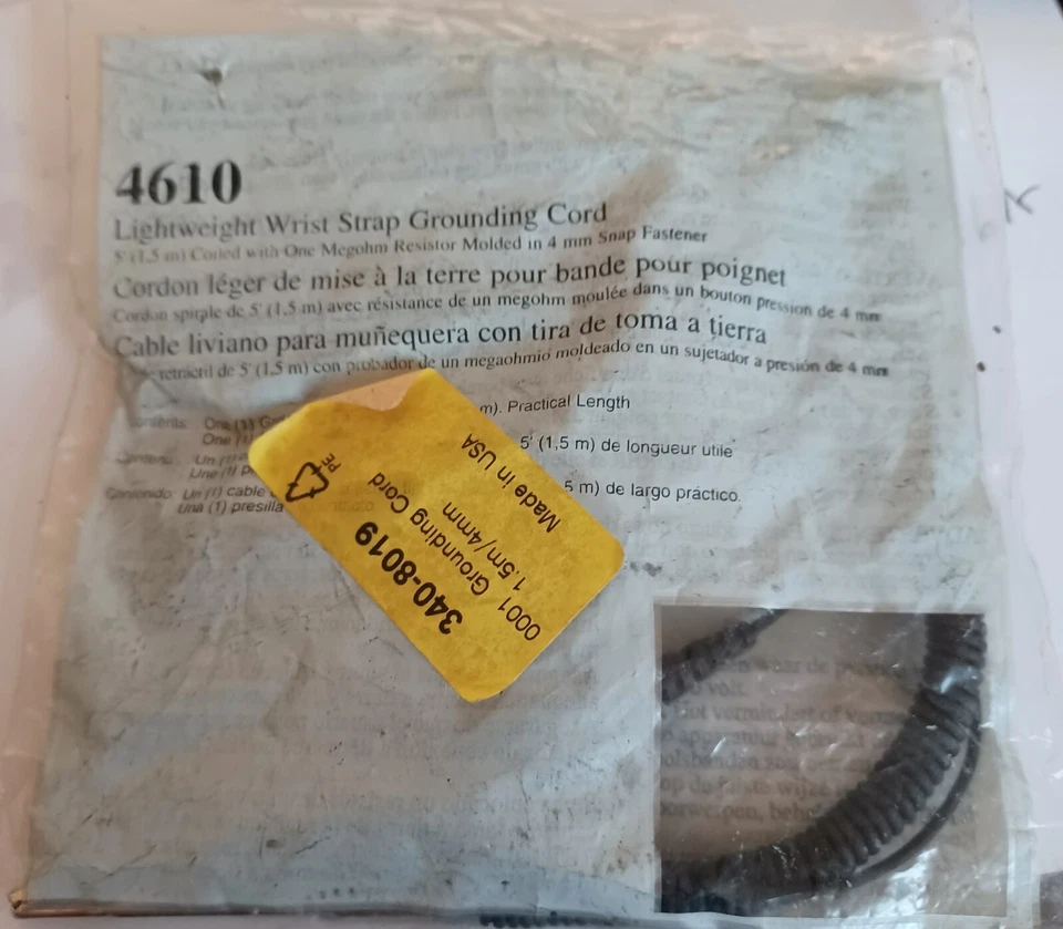 3M 4610 ESD Grounding Cord, Black, 1.5m, 1Mohm, 4mm Stud Size - Image 1 of 1