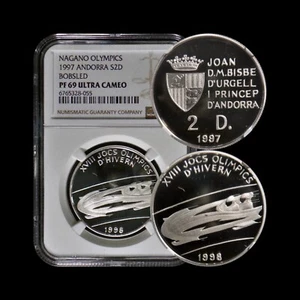 ANDORRA. 1997, 2 Diners, Silver - NGC PF69 - Top Pop 🥇 Olympics, Bobsleigh - Picture 1 of 5