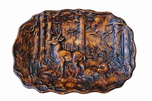 MOUNTAIN Lodge Deer in Forest Oval Resin Hand-Cast Hand-Painted Relief Bowl USA - Picture 1 of 4