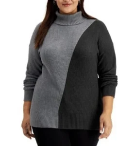 NWT Alfani Women’s Gray / Graphite Color-block Turtleneck Rib Knitted Sweater 3X - Picture 1 of 20