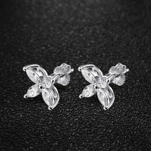 D Color Marquise Cut Moissanite Flower Stud Earrings Women 925 Sterling Silver - Picture 1 of 15