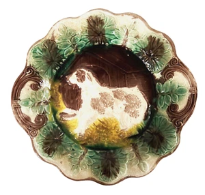 Antique 19th Century Majolica Hound Dog Scalloped Edge Plate c1880s - Picture 1 of 4