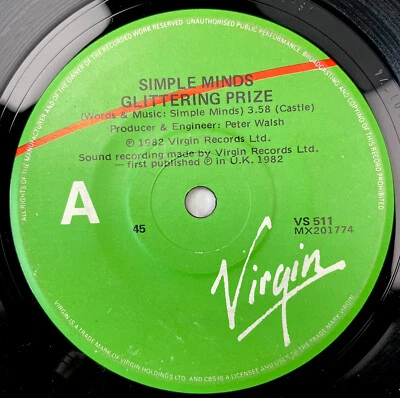Simple Minds Glittering Prize Vinyl Record 7” 45 RPM VS 511 Virgin 1982 - Image 1 of 4