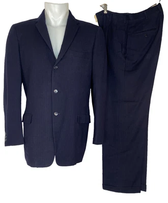 Traje de lana azul marino vintage años 50 para hombre 42 30 Curlee Clothes rayas chaqueta pantalón Foto 1 de 4
