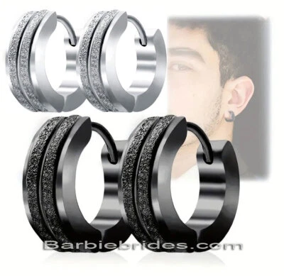 Pendientes de aro hipoalergénicos de acero esmerilado de titanio a rayas dobles para hombre y mujer Foto 1 de 4