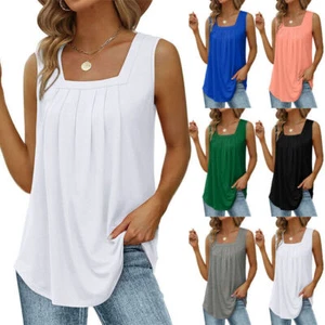 Women's Summer Casual Tops Solid Color Pleated Square Neck Tank Top Pullover Tee - Picture 1 of 33