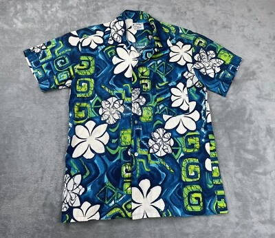Camisa Aloha Hecha en Japón Floral Para Hombre Pequeña Azul Verde Botón Hawaiana Foto 1 de 4