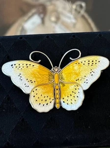 Vintage Hroar Prydz Sterling Silver & Guilloche Enamel Yellow Butterfly Brooch - Picture 1 of 8
