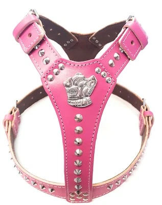 M&D LEATHER Beautiful Leather Dog Harness Deep Pink with Staffy Head Motif & Studded Design