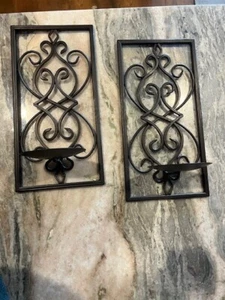Pillar Candle Holder Wall Sconce Wrought Iron Metal Scroll Pattern-Set of 2-12X6 - Picture 1 of 7