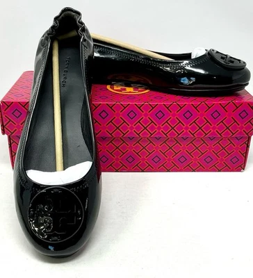 Tory Burch Minnie Travel Ballet  w/Logo Perfect Black Patent Leather Size 9 NIB - Image 1 of 4