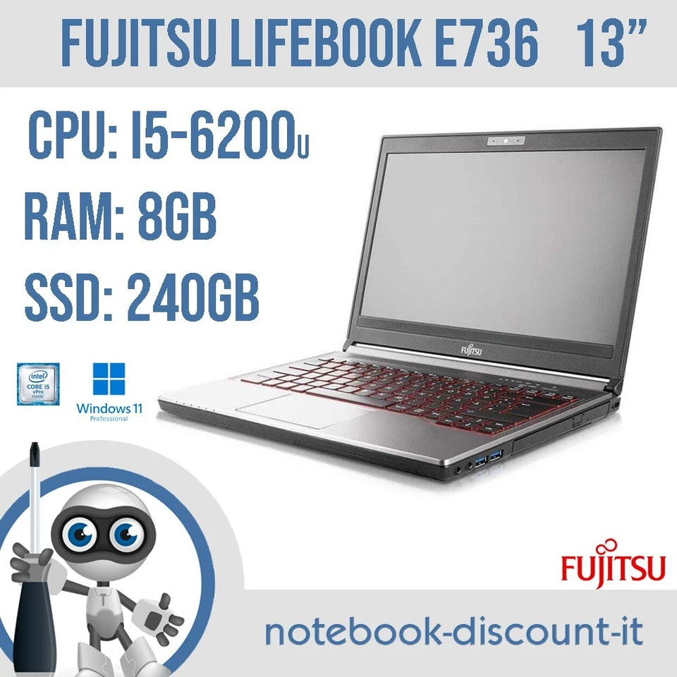 Notebook FUJITSU LifeBook E736 13"  Cpu i5-6200u Ram 8gb SSD 240gb Win11Pro - Immagine 1 di 4