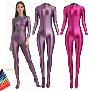 MJINM Women Sexy Oli Shiny Jumpsuit Fitness Gym Leotard Bodysuit Overall Zentai - Picture 1 of 41