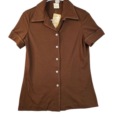 70s Stylecraft Blouse Size 10 Short Sleeve Brown Button Front Contrast Stitch - Image 1 of 4