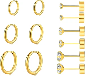 316L Surgical Stainless Steel Gold Hoop Earrings Flat Back Stud Earrings Set Hug - Picture 1 of 12
