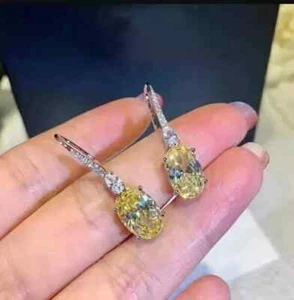 3.30Ct Oval Lab-Created Yellow Drop/Dangle Earrings 14K White Gold Plated Silver - Picture 1 of 8