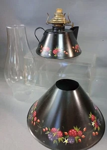 Vintage Hand Painted Oil Lamp Folk Art Decorative Tinware Toleware Black Chimney - Picture 1 of 14