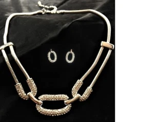 Avon Pave Necklace Earring Silvertone Crystal Fancy Formal Snake Chain Set New - Picture 1 of 5