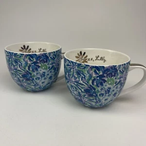 Lily Pulitzer Coffee Cups Tiger Lily Gold Blue Green Floral Set Of 2 - Picture 1 of 16