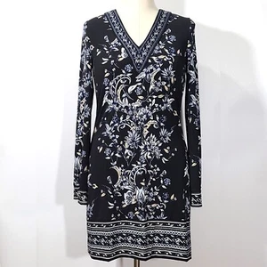 White House Black Market Floral Long Sleeve V-Neck Stretch Knit Dress Sz S - Picture 1 of 8