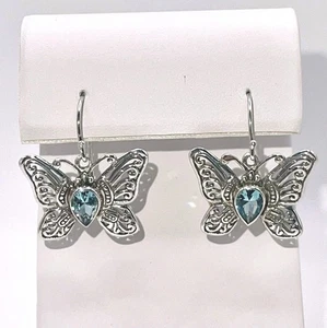 Sterling Silver Butterfly Dangle Earrings Blue Stone 925 Filigree Design - Picture 1 of 8